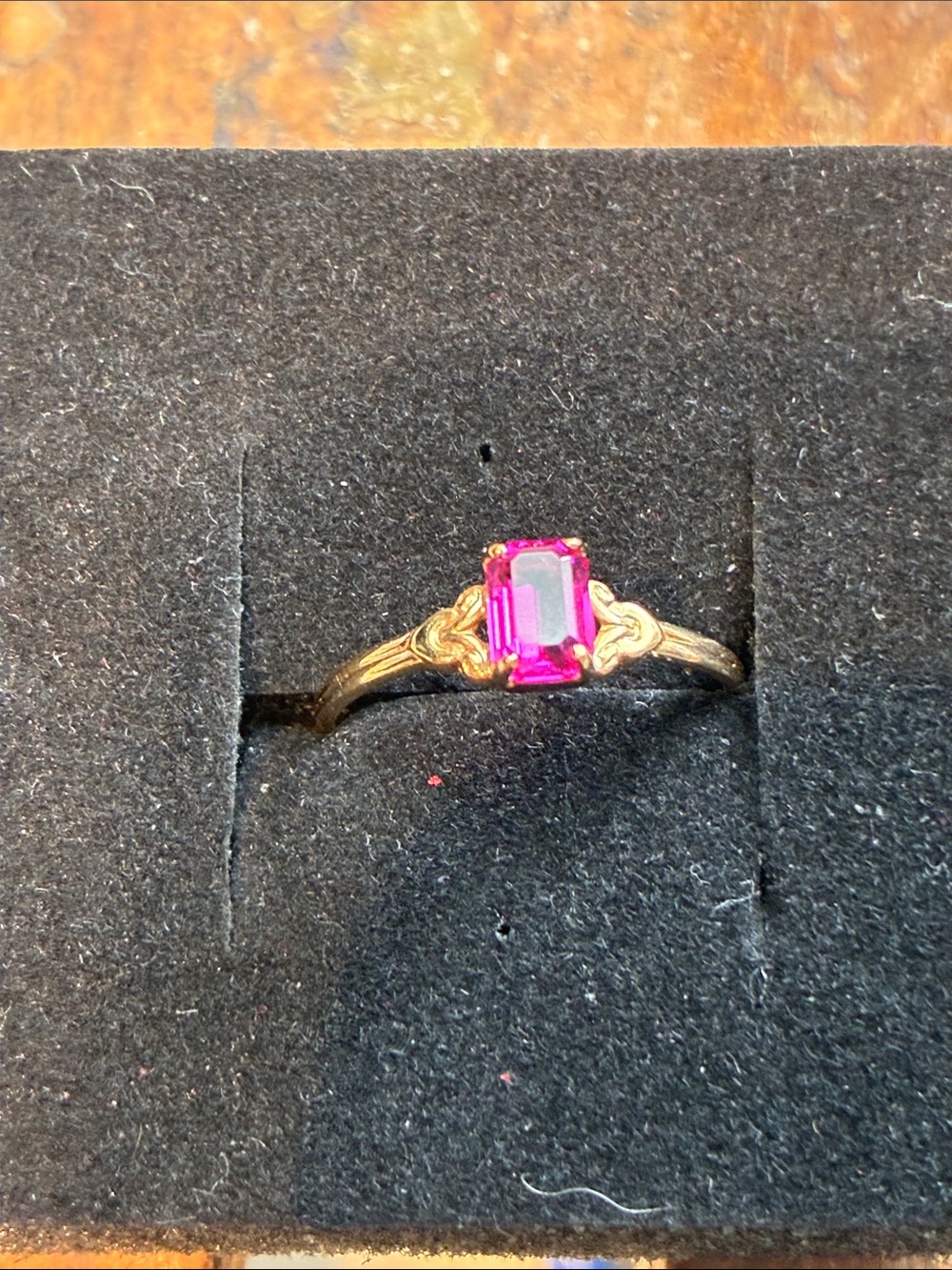 10K Gold Ring with Emerald-Cut Pink Topaz Stone. 1.07 grams.  Size 6 1/2